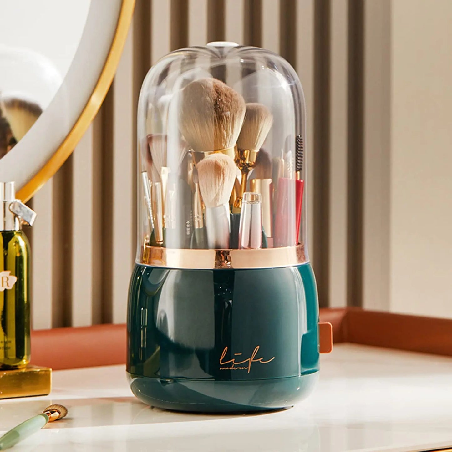 360° Rotating Makeup Brush Organizer with Dustproof Lid Holder