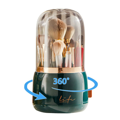 360° Rotating Makeup Brush Organizer with Dustproof Lid Holder