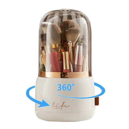 360° Rotating Makeup Brush Organizer with Dustproof Lid Holder