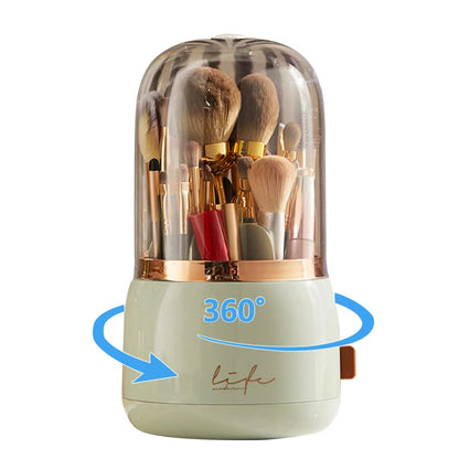 360° Rotating Makeup Brush Organizer with Dustproof Lid Holder